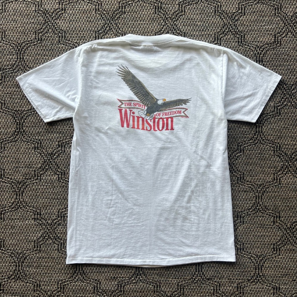 Vintage Winston Cigarettes T-Shirt Mens Large White Eagle Spirit Freedom Pocket